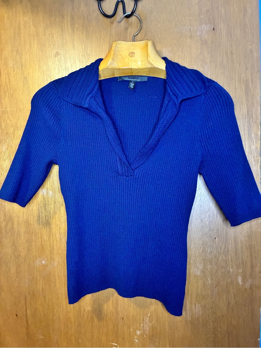 White House Black Market Navy Blue Ribbed V-Neck Elbow Sleeve Sweater Polo